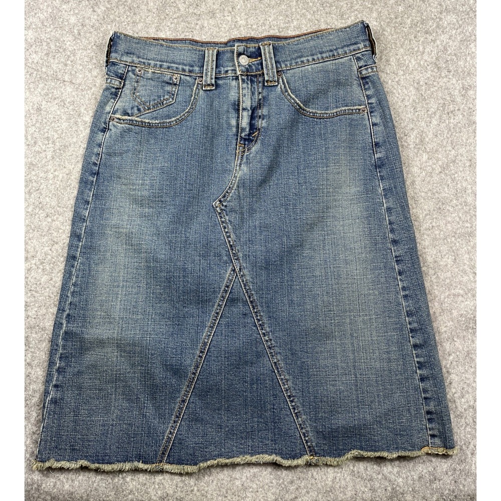 Vintage 90s y2k Levis Denim Jean Skirt Sz 10 A Line Midi Raw Hem Distress Pocket